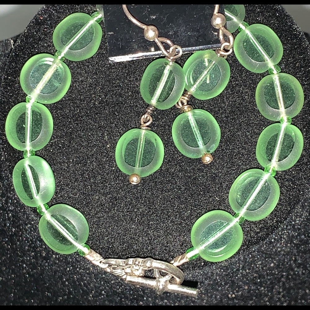 Green Antique Glass Bead Bracelet/Earring Set